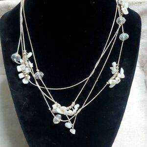 Vintage Dainty Silver Crystal Abalone Shell Layering Necklace